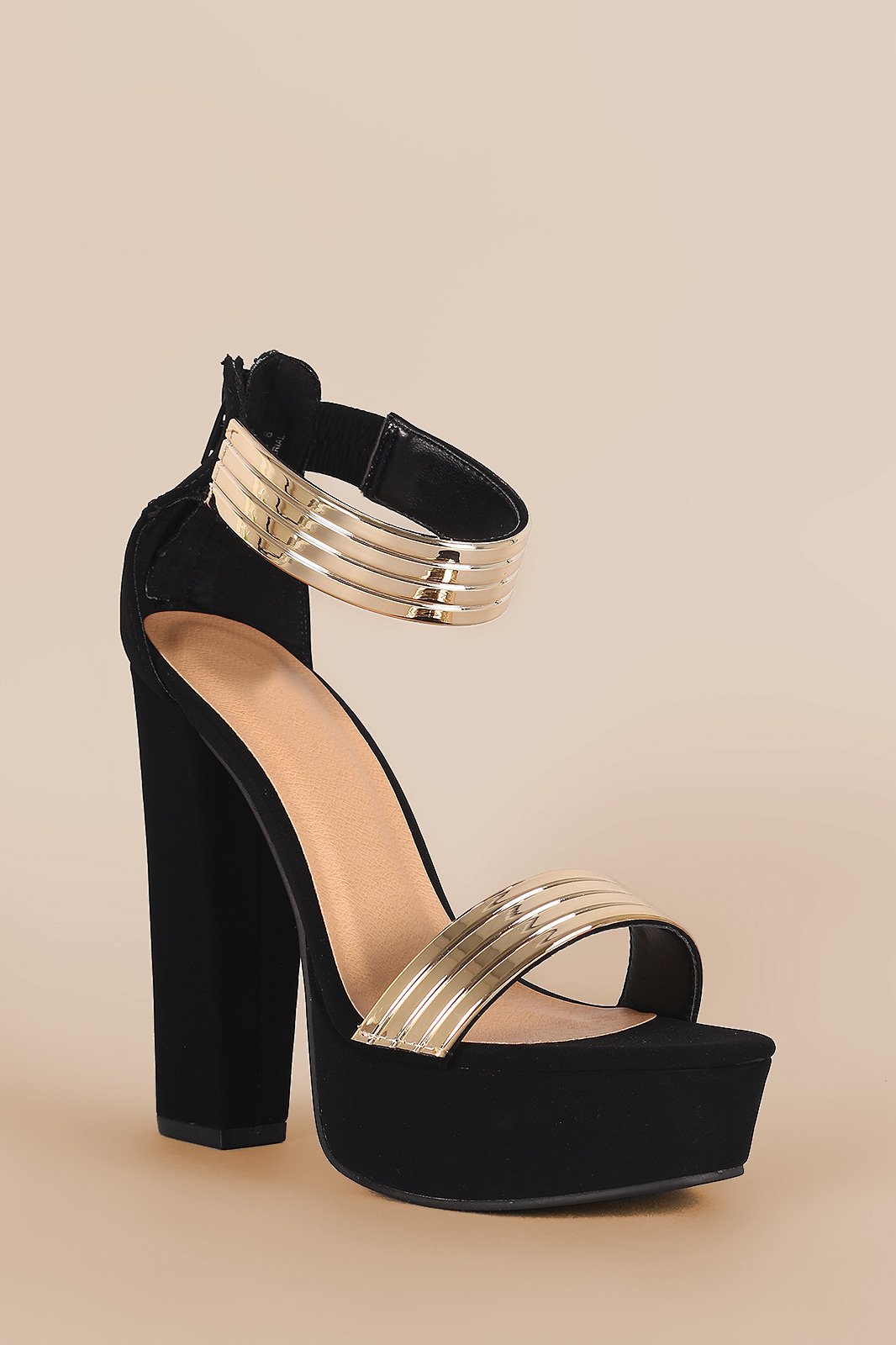 Bamboo Nubuck Metallic Accent Ankle Strap Chunky Platform Heel