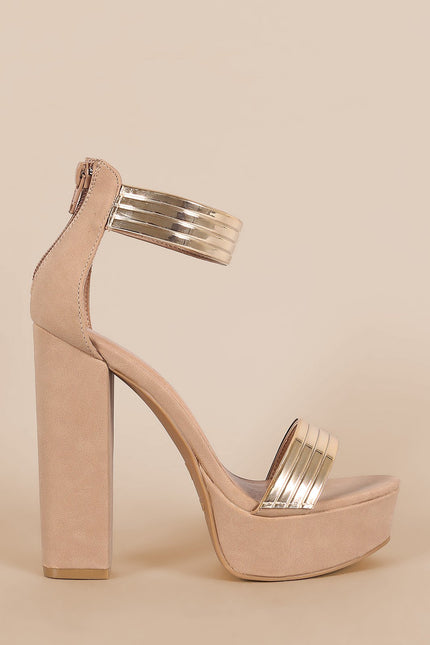 Bamboo Nubuck Metallic Accent Ankle Strap Chunky Platform Heel