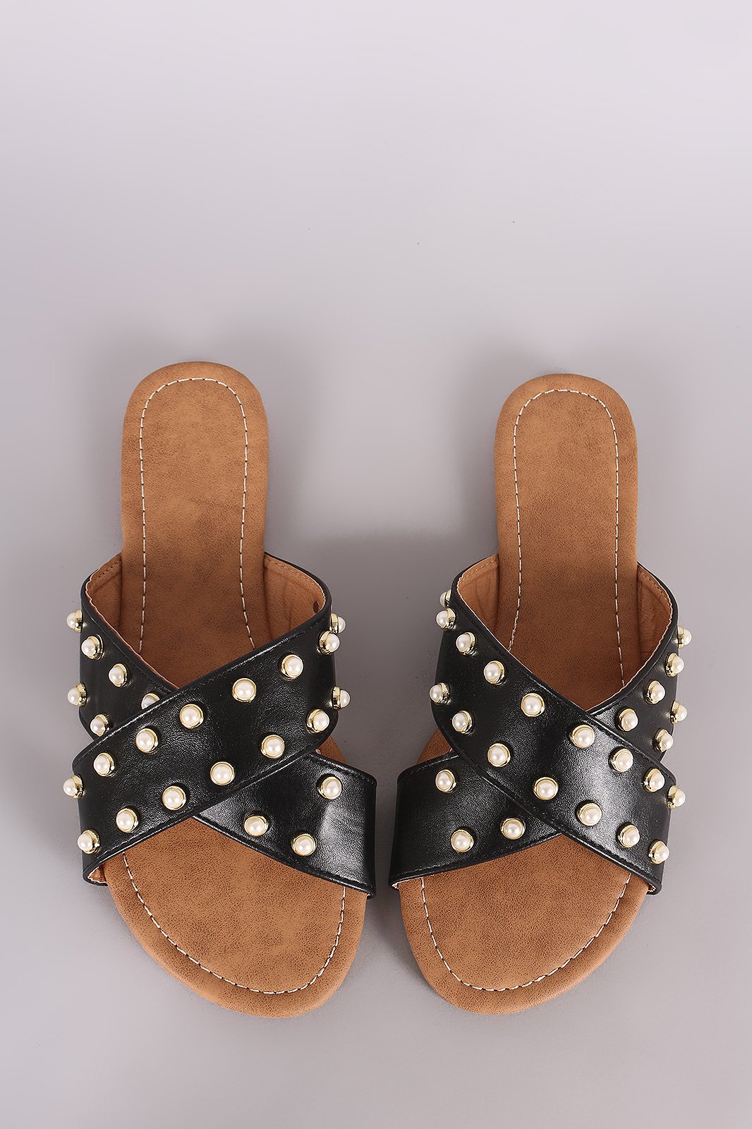 Qupid Faux Pearl Embellished Crisscross Slide Flat Sandal