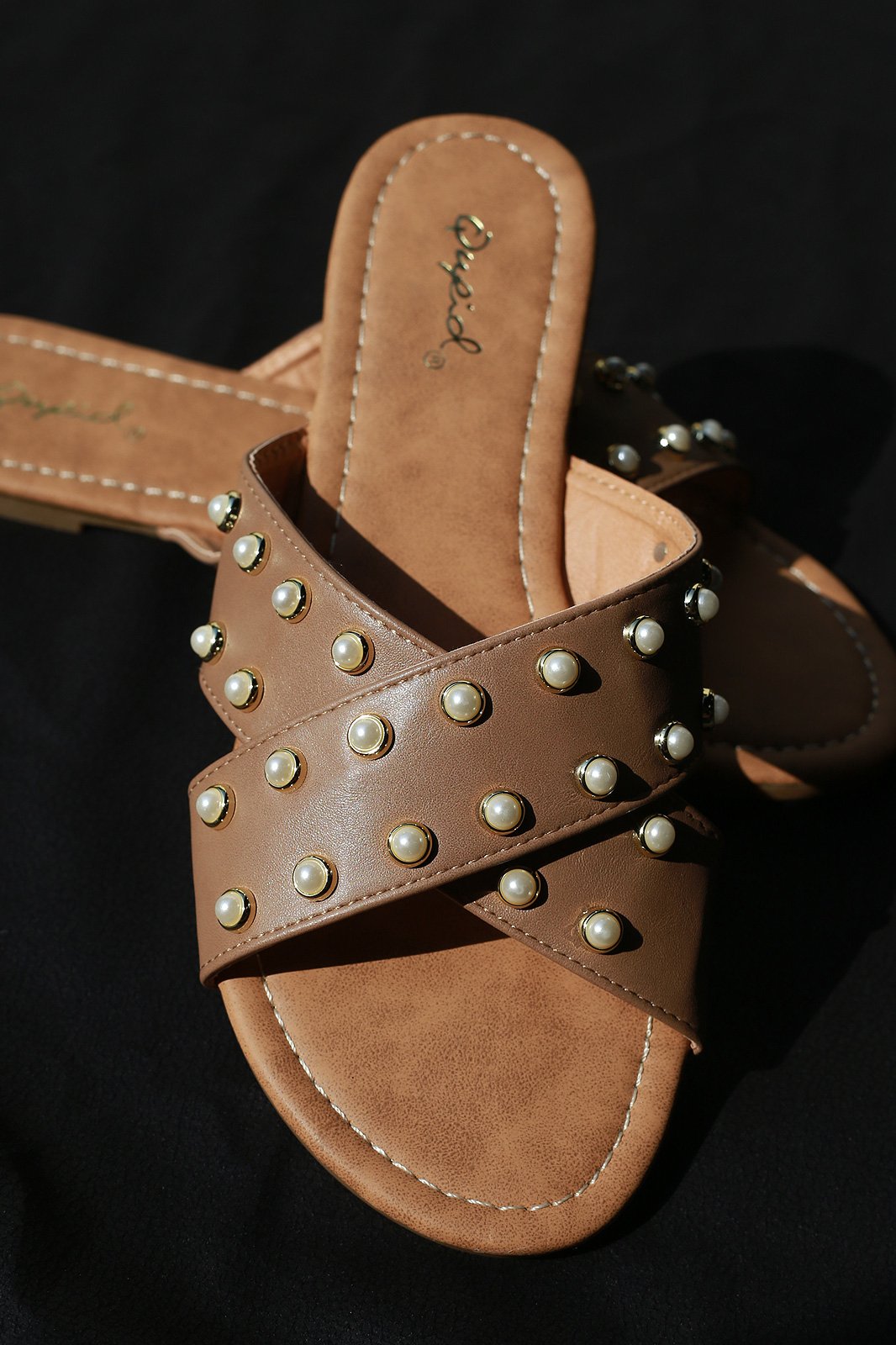 Qupid Faux Pearl Embellished Crisscross Slide Flat Sandal