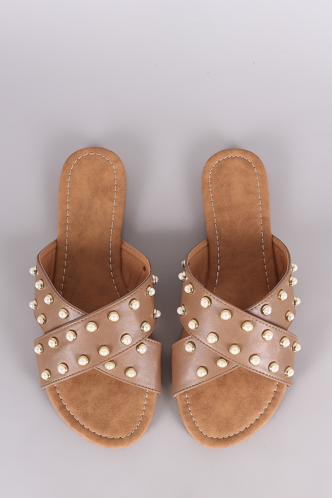 Qupid Faux Pearl Embellished Crisscross Slide Flat Sandal