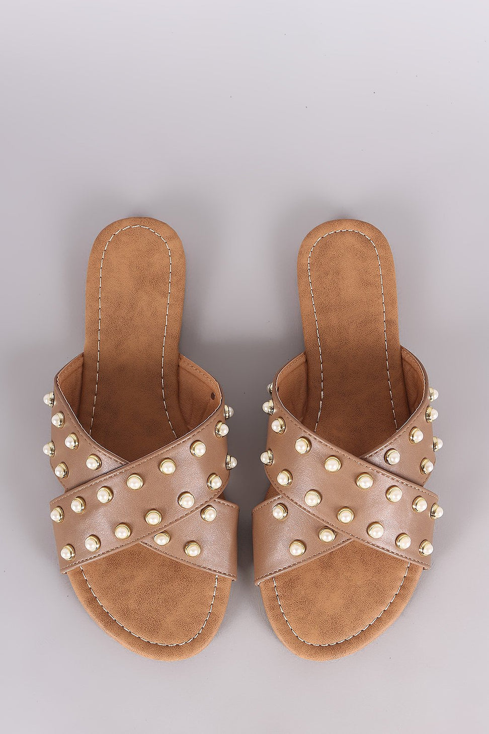 Qupid Faux Pearl Embellished Crisscross Slide Flat Sandal
