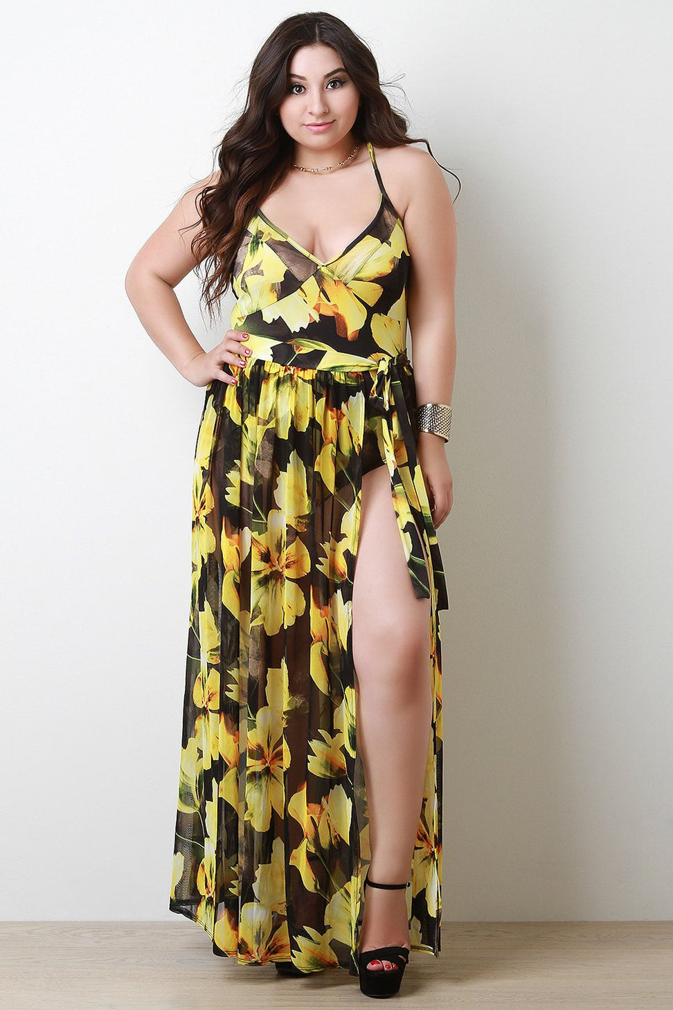 Sleeveless V-Neck Floral Mesh Bodysuit