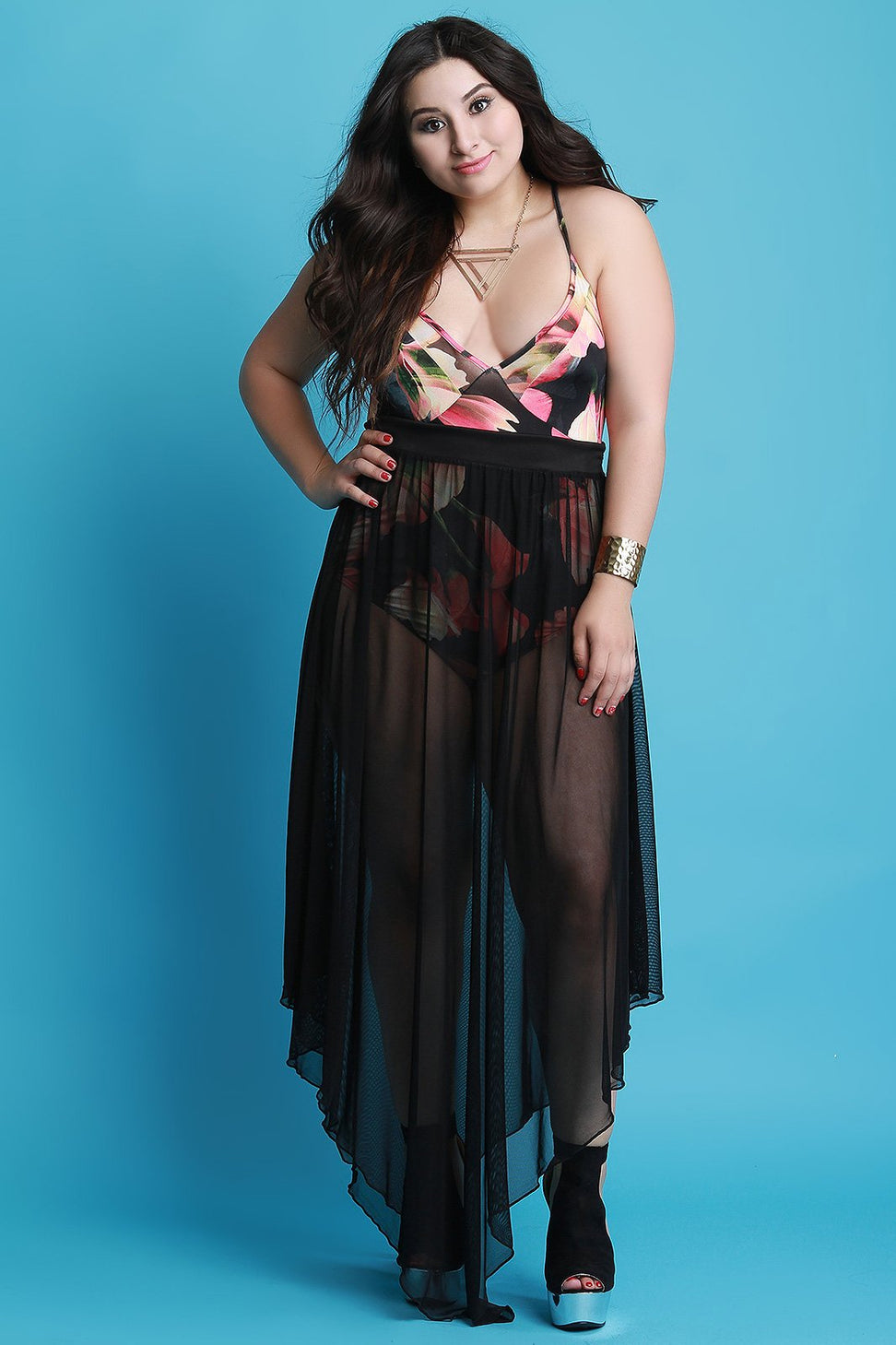 High Waisted Draped Hem Mesh Maxi Skirt