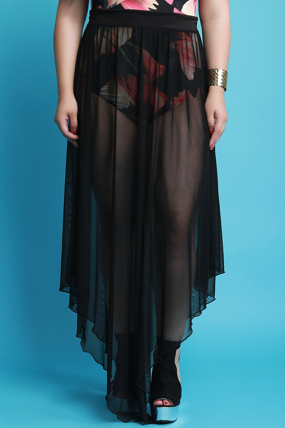High Waisted Draped Hem Mesh Maxi Skirt