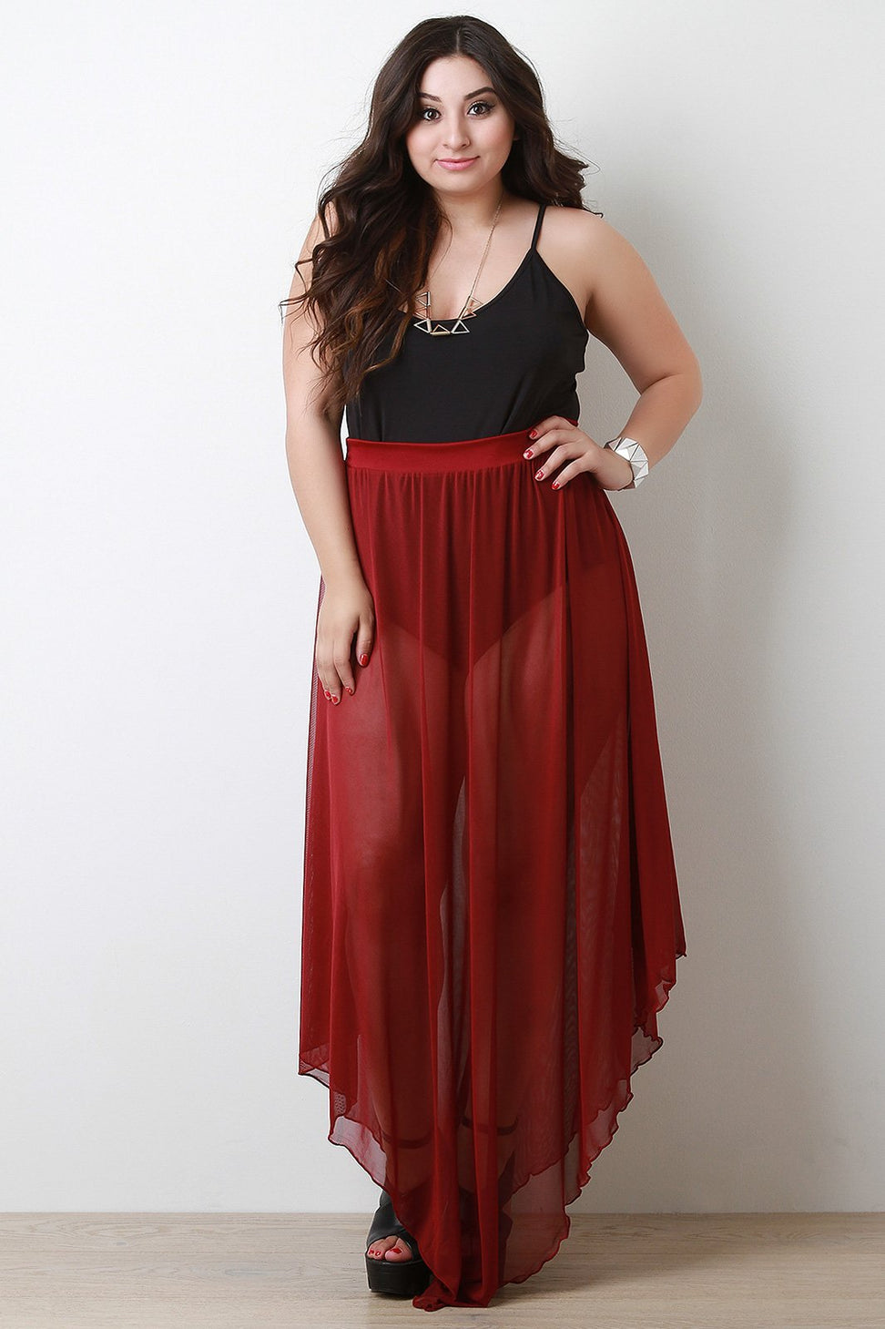 High Waisted Draped Hem Mesh Maxi Skirt