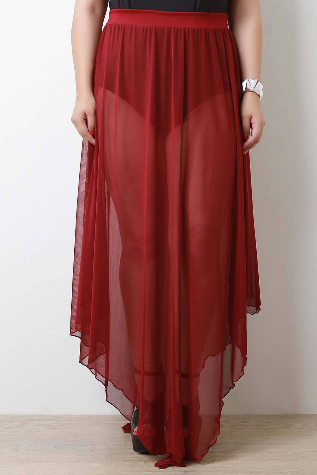 High Waisted Draped Hem Mesh Maxi Skirt