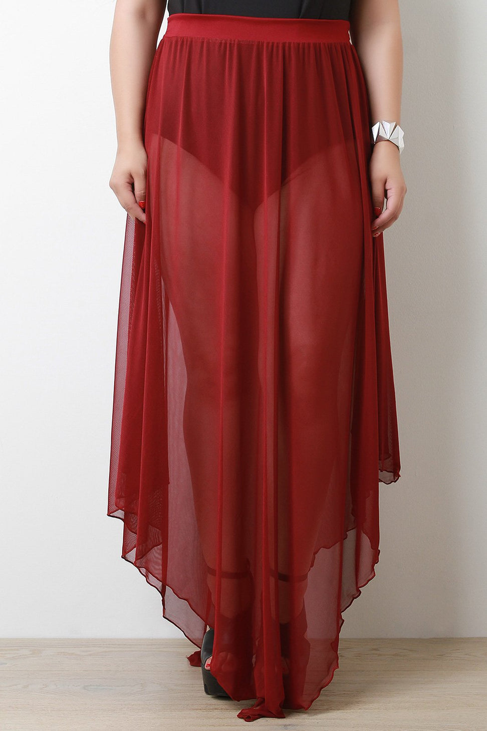 High Waisted Draped Hem Mesh Maxi Skirt