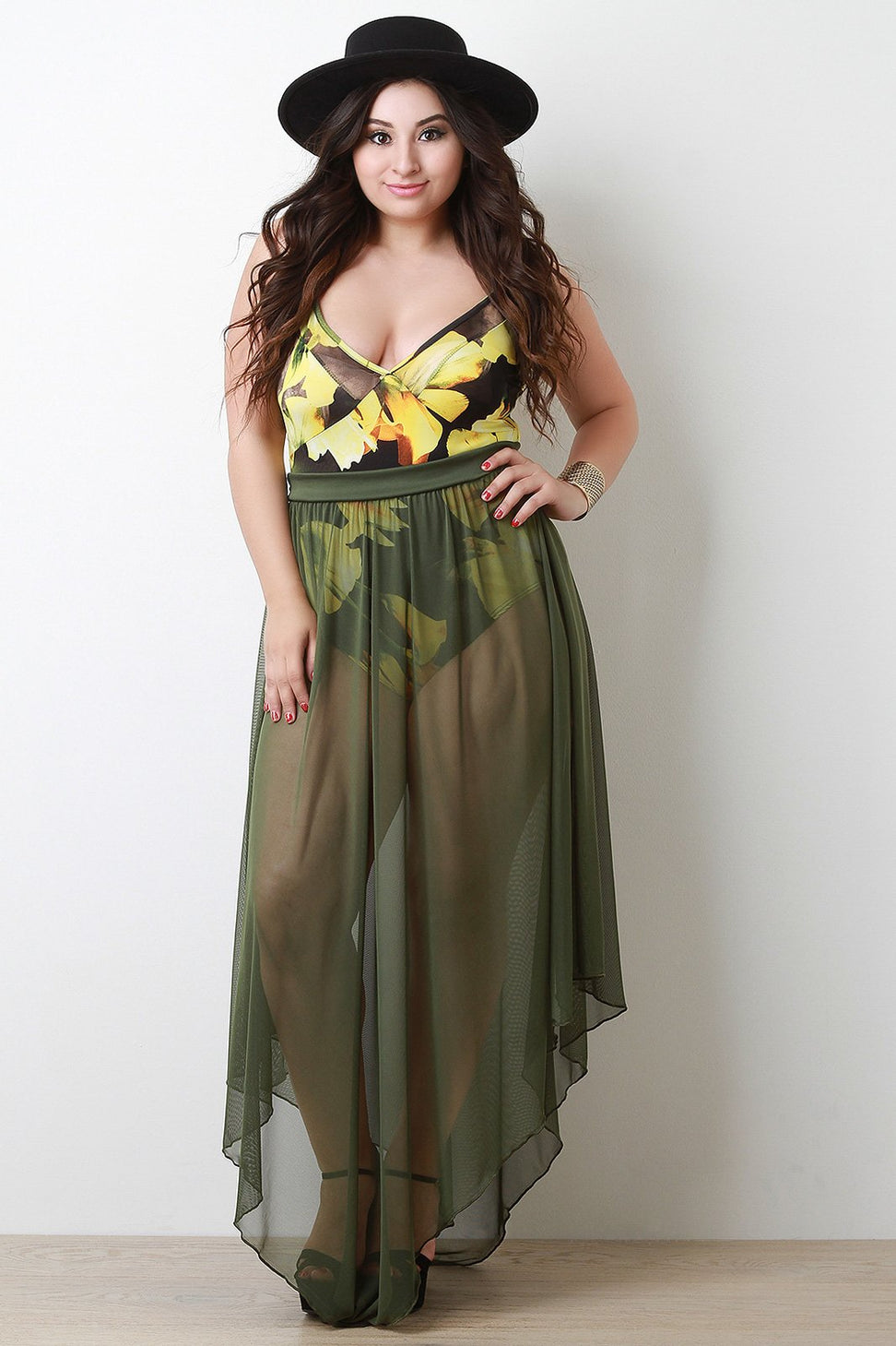 High Waisted Draped Hem Mesh Maxi Skirt