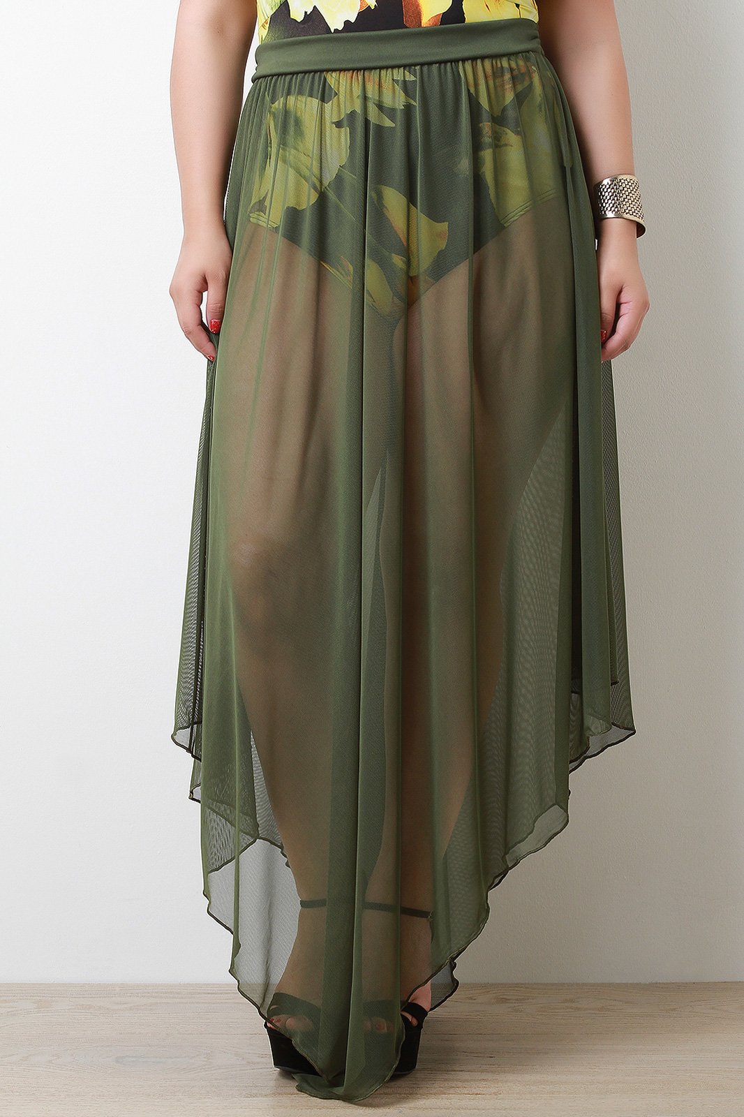 High Waisted Draped Hem Mesh Maxi Skirt