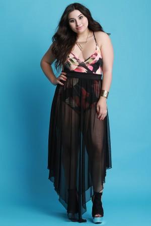 High Waisted Draped Hem Mesh Maxi Skirt