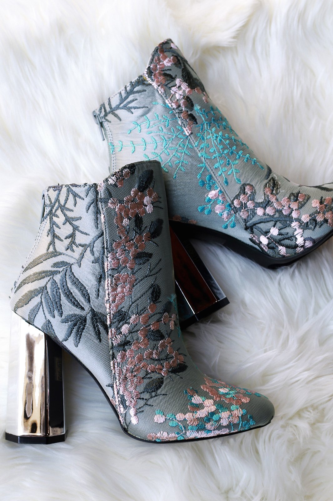Embroidery Floral Vines Octagon Heeled Booties