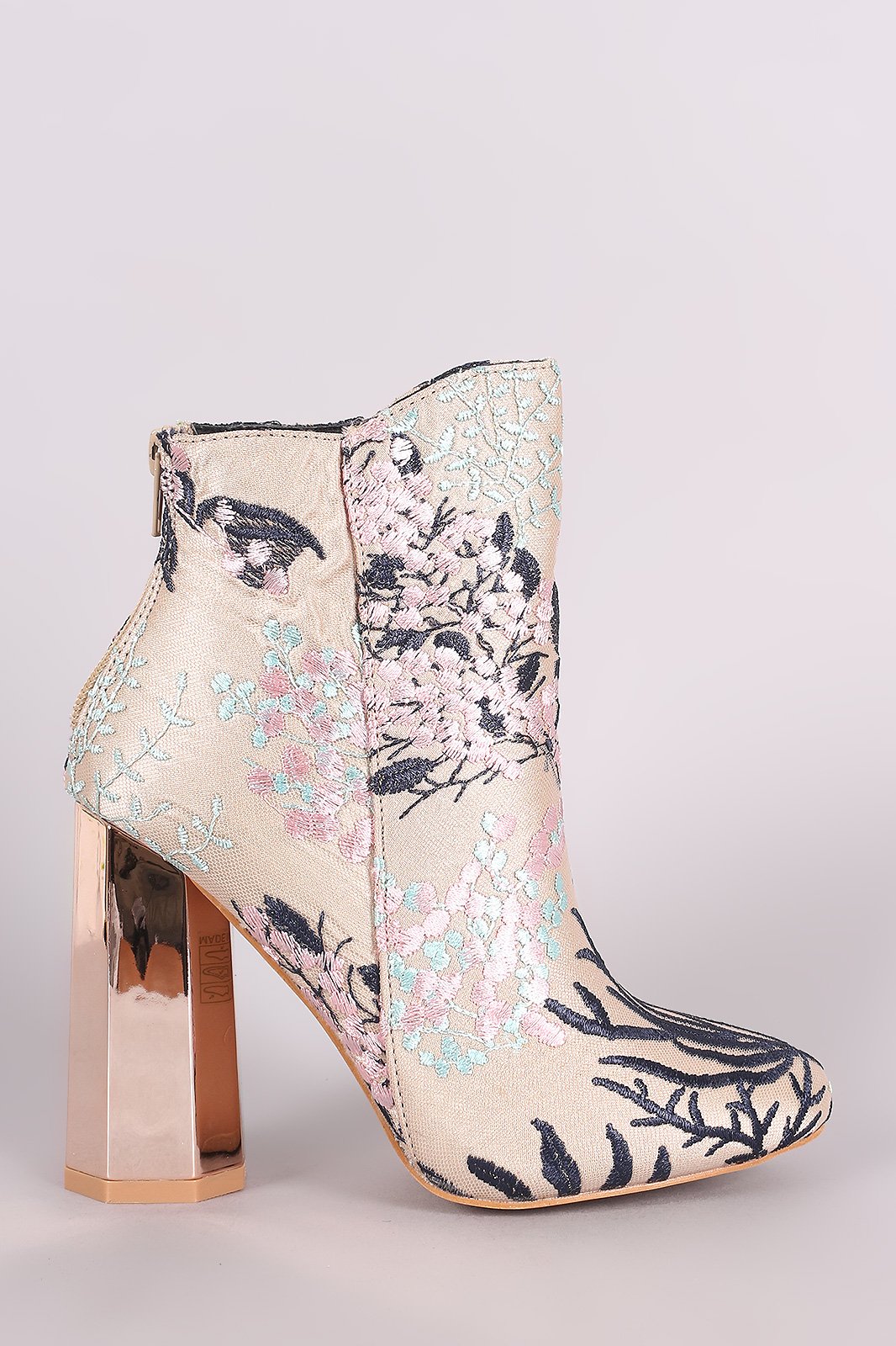 Embroidery Floral Vines Octagon Heeled Booties