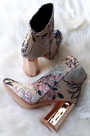 Embroidery Floral Vines Octagon Heeled Booties