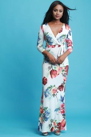 Floral Print Surplice V-Neck Long Sleeves Waist-Tie Maxi Dress