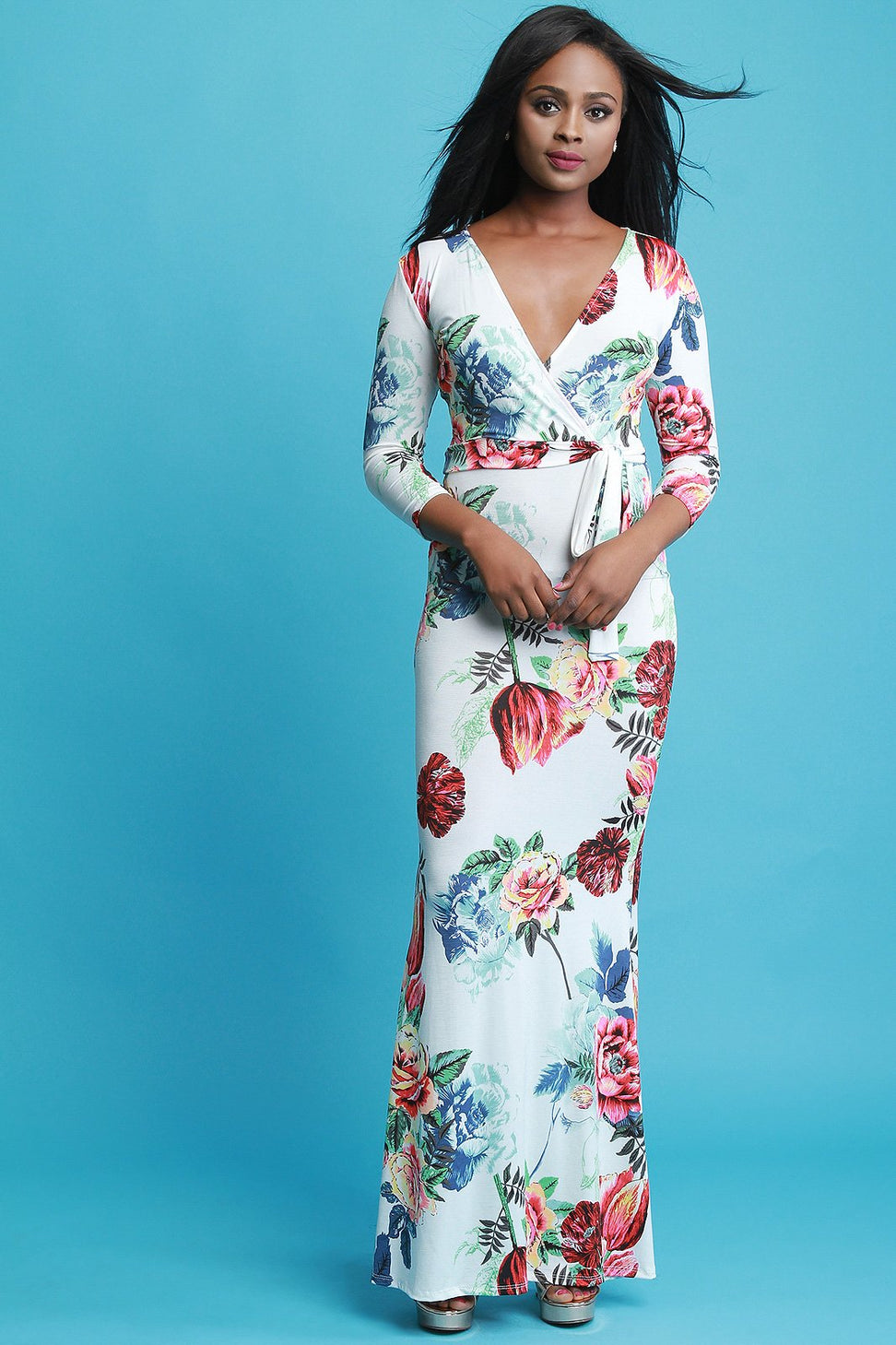 Floral Print Surplice V-Neck Long Sleeves Waist-Tie Maxi Dress