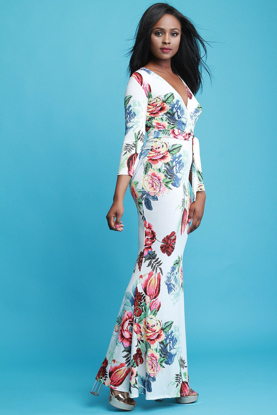 Floral Print Surplice V-Neck Long Sleeves Waist-Tie Maxi Dress