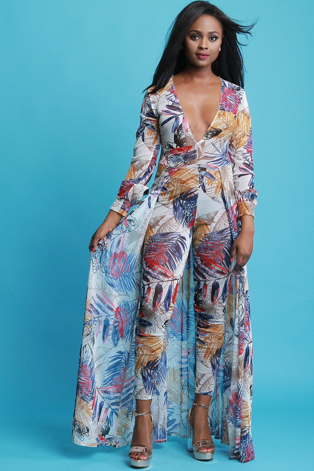 Leaves Print Mesh Deep V Neck Long Sleeve Jumpsuit Maxi Dress