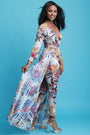 Leaves Print Mesh Deep V Neck Long Sleeve Jumpsuit Maxi Dress