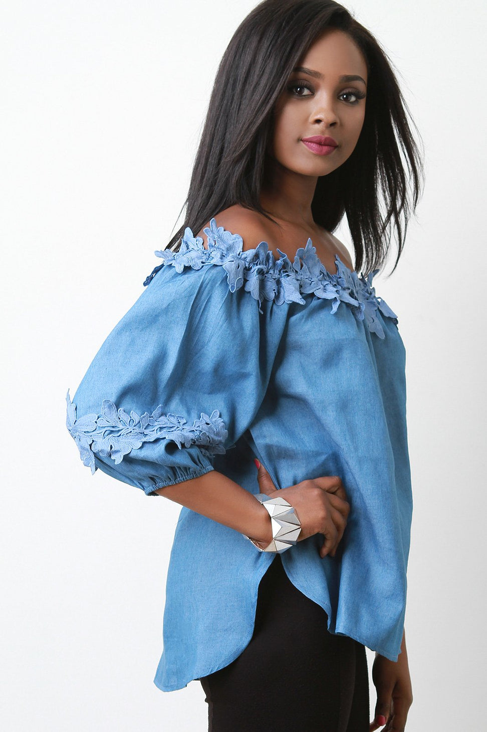 Chambray Floral Crochet Bardot Top