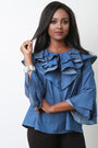Chambray Denim Ruffled Long Statement Sleeve Top