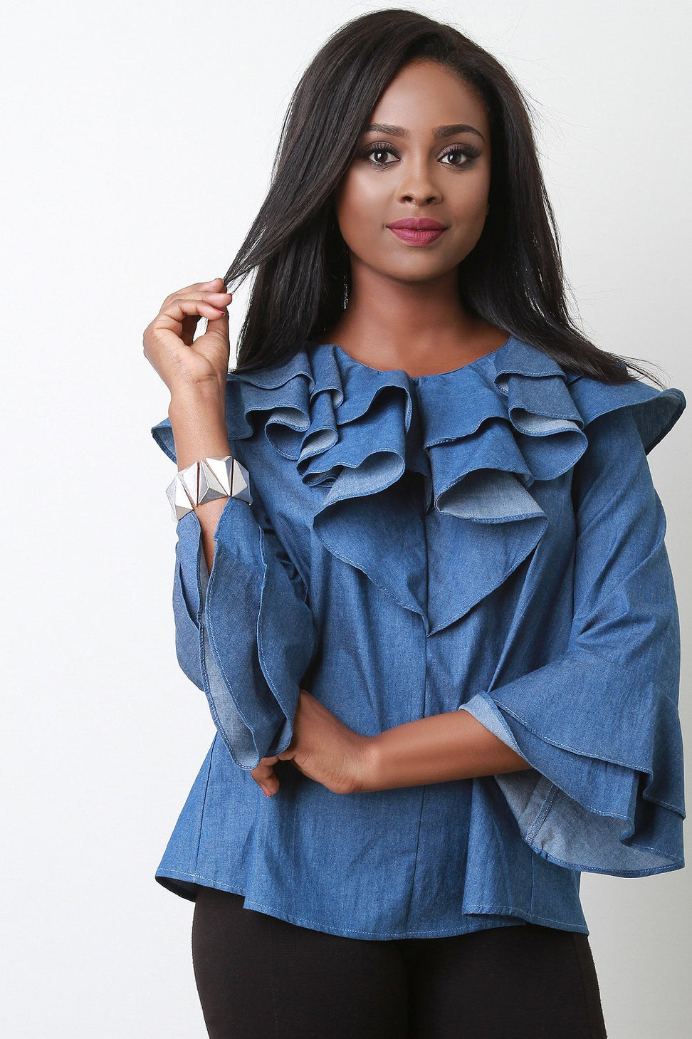 Chambray Denim Ruffled Long Statement Sleeve Top