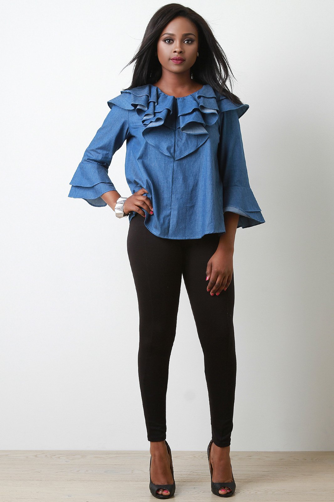 Chambray Denim Ruffled Long Statement Sleeve Top