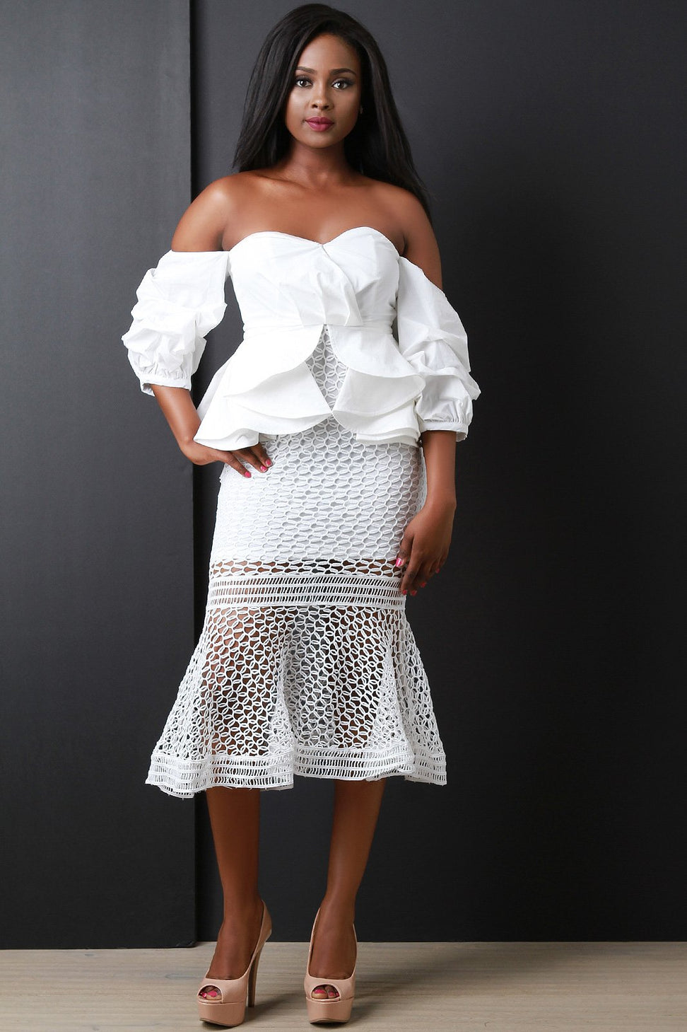 Ruffle Tiered Crochet Mesh Peplum Hem Midi Dress