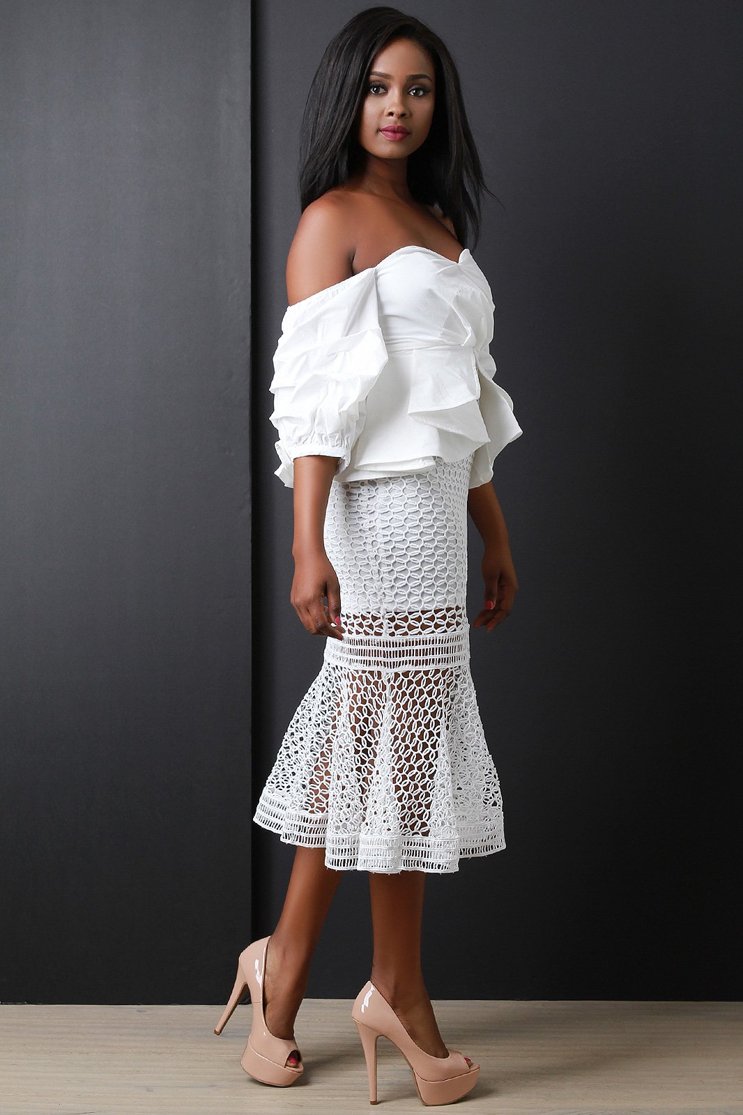 Ruffle Tiered Crochet Mesh Peplum Hem Midi Dress