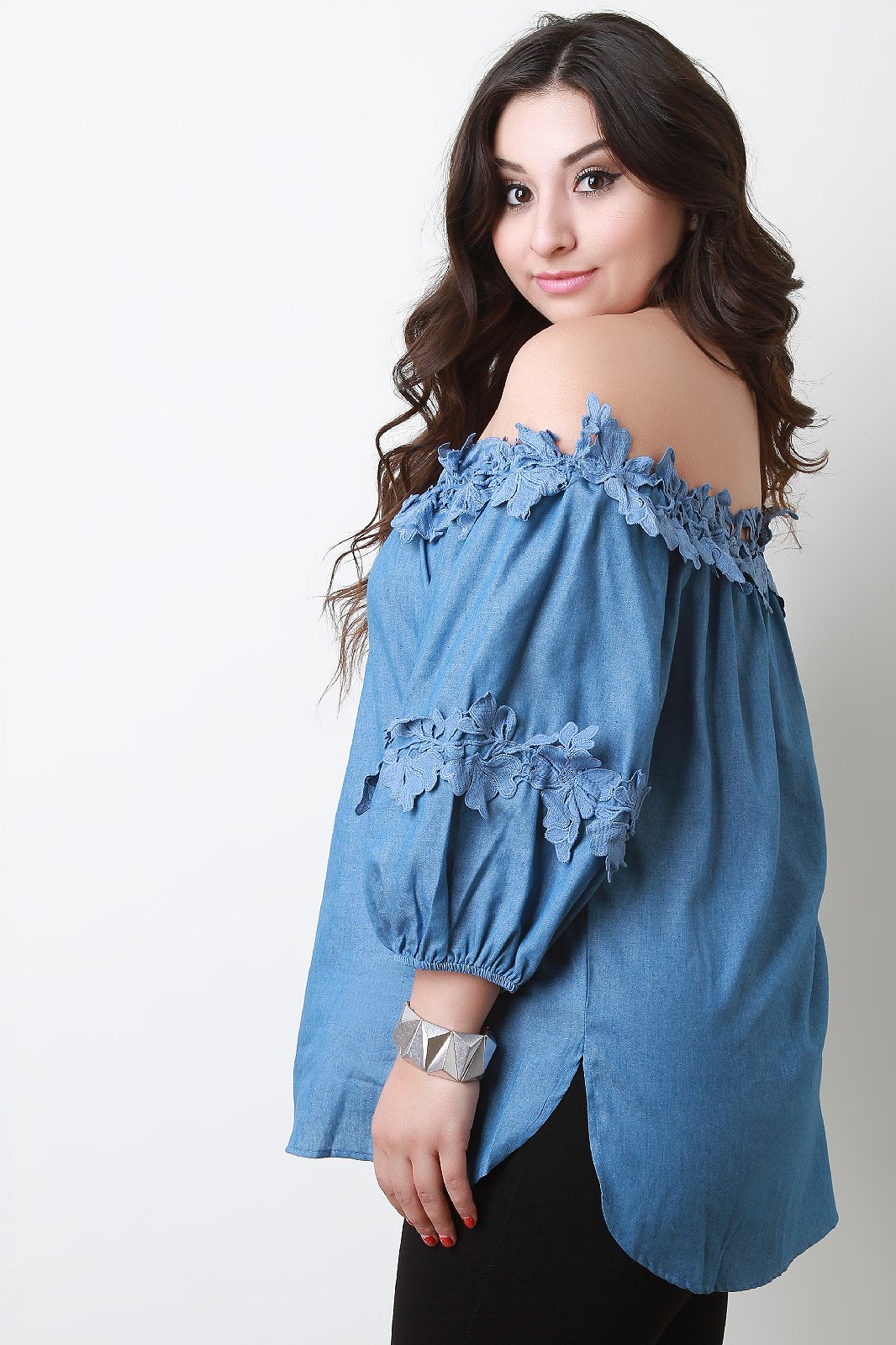 Chambray Floral Crochet Off The Shoulder Top