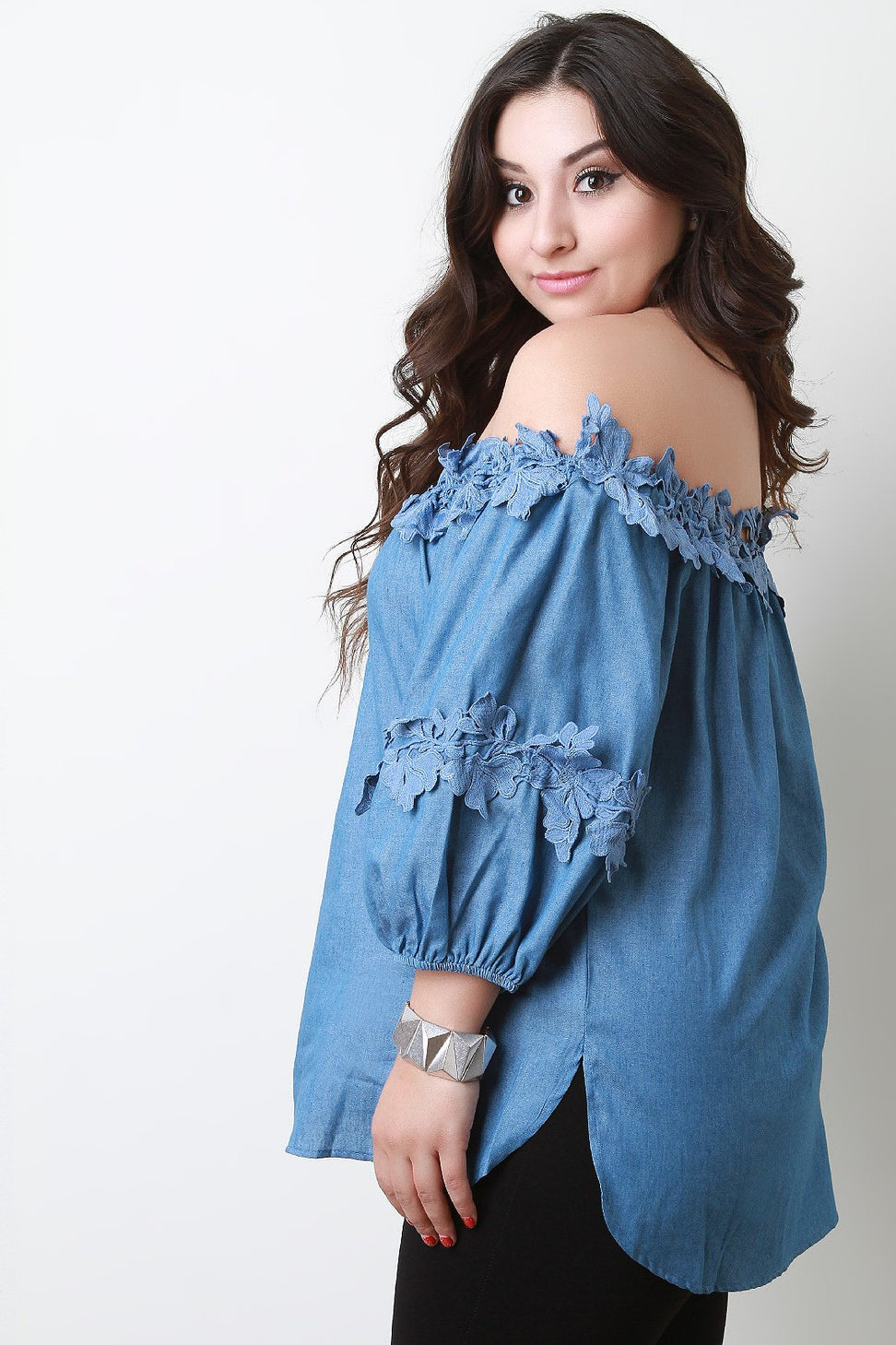 Chambray Floral Crochet Off The Shoulder Top