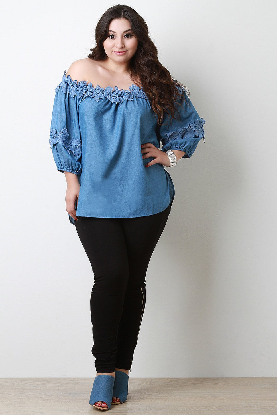 Chambray Floral Crochet Off The Shoulder Top