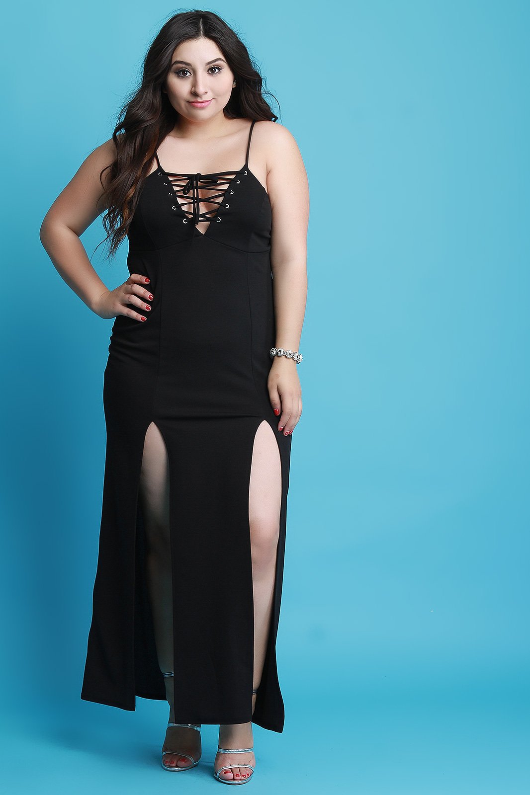 Corset Lace-Up Double Slit Maxi Cami Dress