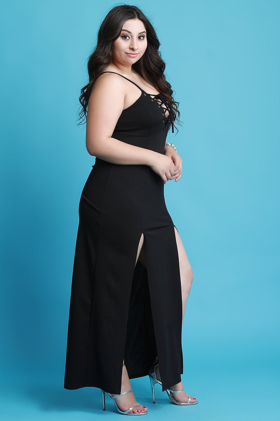 Corset Lace-Up Double Slit Maxi Cami Dress