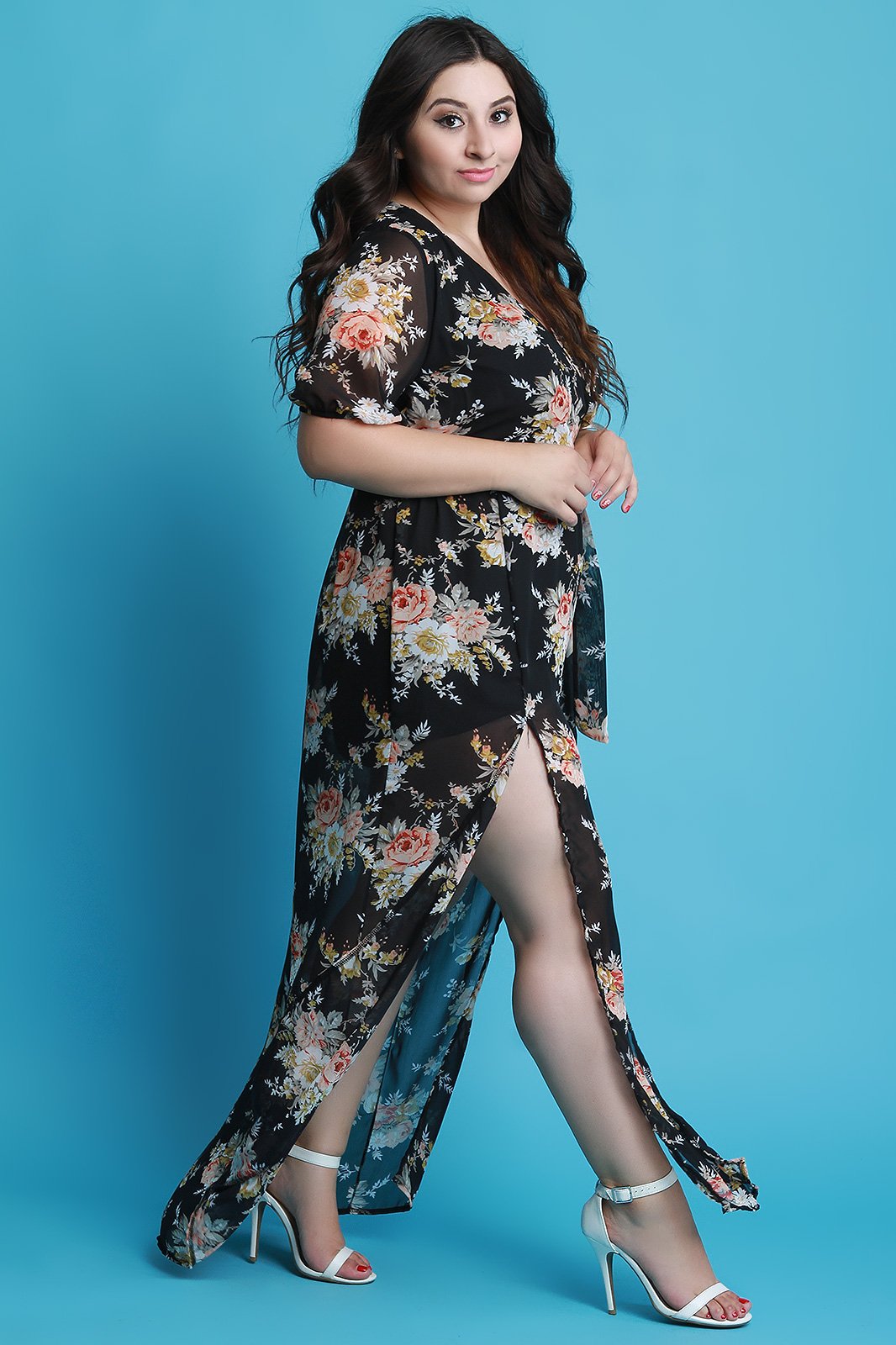 Surplice Floral Chiffon Waist Sash Double Slit Maxi Dress