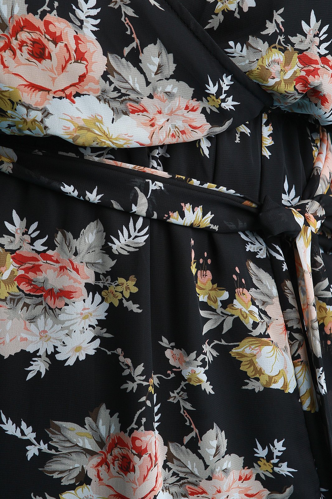 Surplice Floral Chiffon Waist Sash Double Slit Maxi Dress