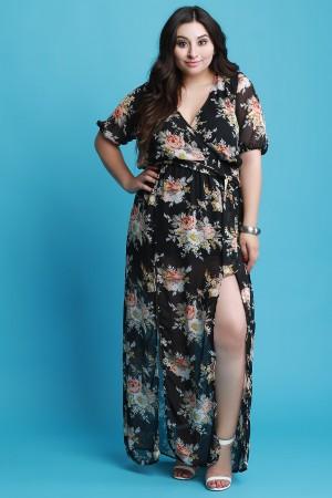 Surplice Floral Chiffon Waist Sash Double Slit Maxi Dress