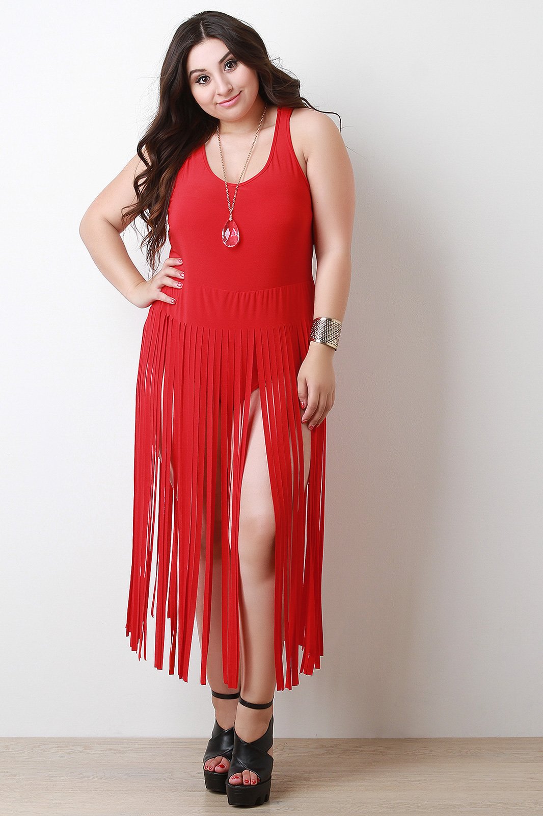 Fringe Sleeveless Bodysuit Maxi Dress - NoveltyOne