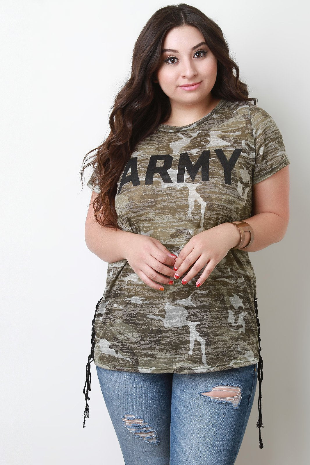 Side Lace-Up Camouflage Print Army Graphic Tee