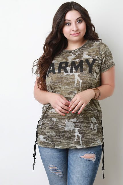 Side Lace-Up Camouflage Print Army Graphic Tee