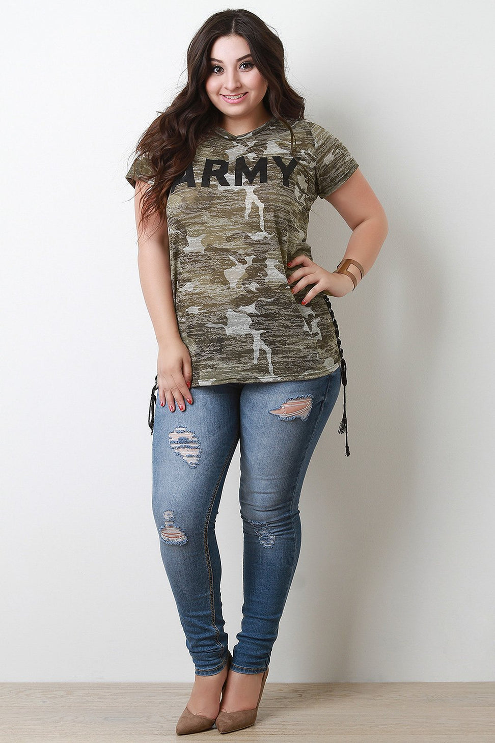 Side Lace-Up Camouflage Print Army Graphic Tee