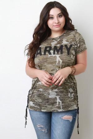 Side Lace-Up Camouflage Print Army Graphic Tee
