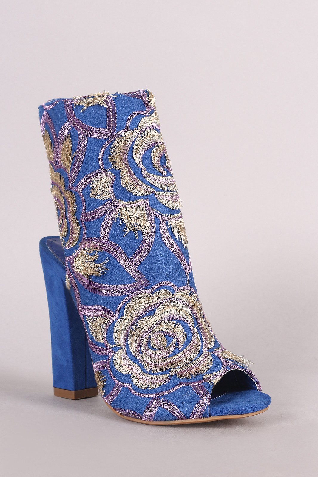 Shoe Republic LA Floral Embroidery Peep Toe Chunky Heeled Booties