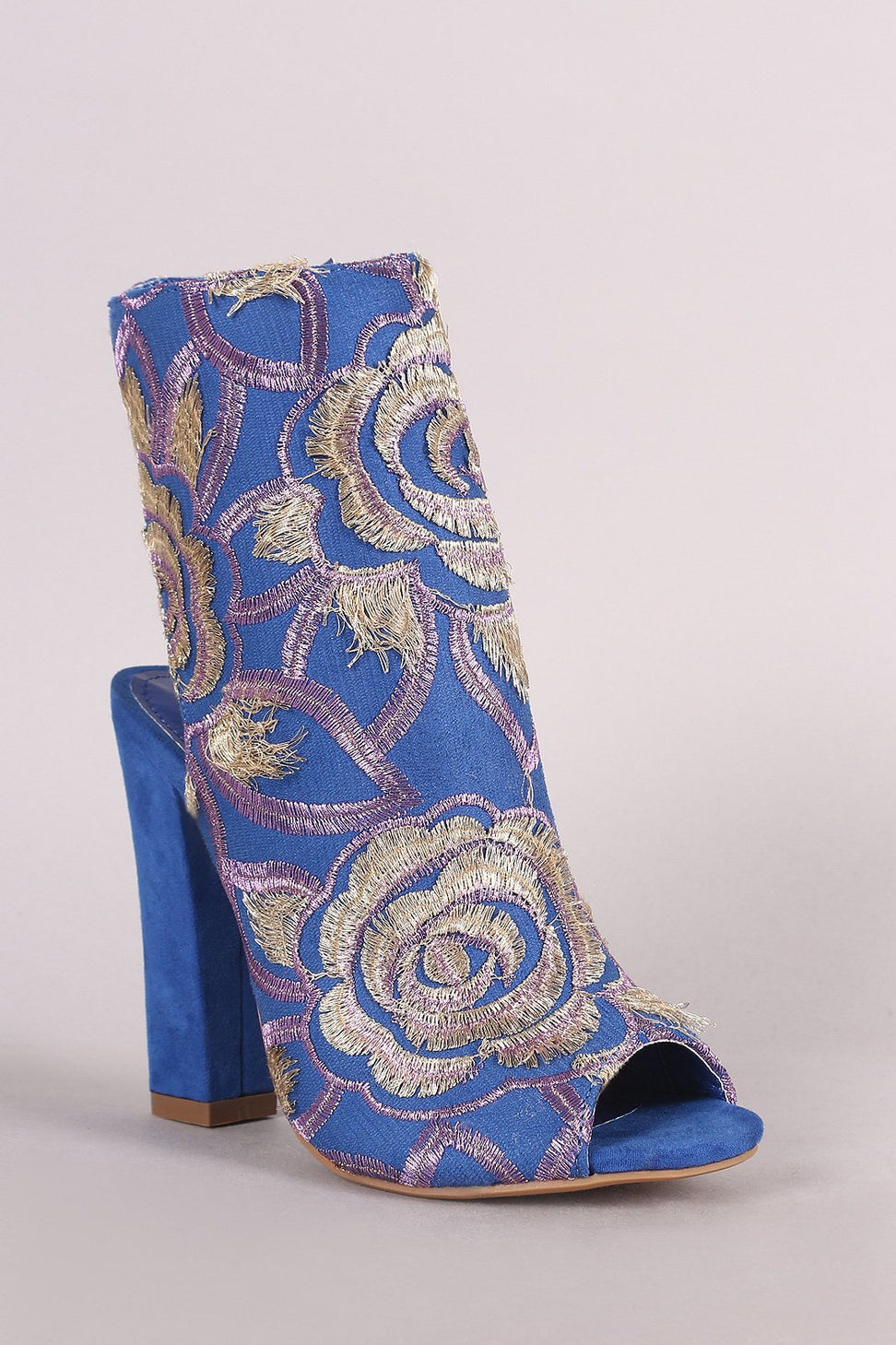 Shoe Republic LA Floral Embroidery Peep Toe Chunky Heeled Booties