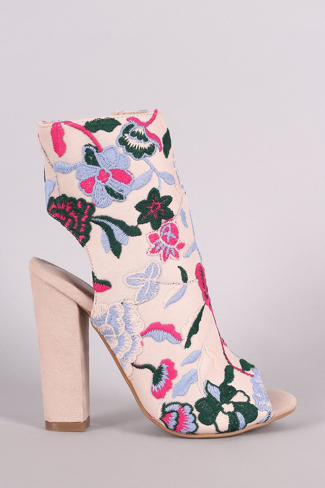 Shoe Republic LA Floral Embroidery Peep Toe Chunky Heeled Booties