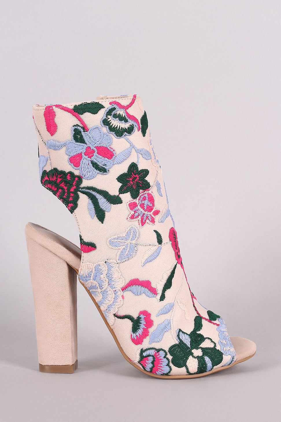Shoe Republic LA Floral Embroidery Peep Toe Chunky Heeled Booties