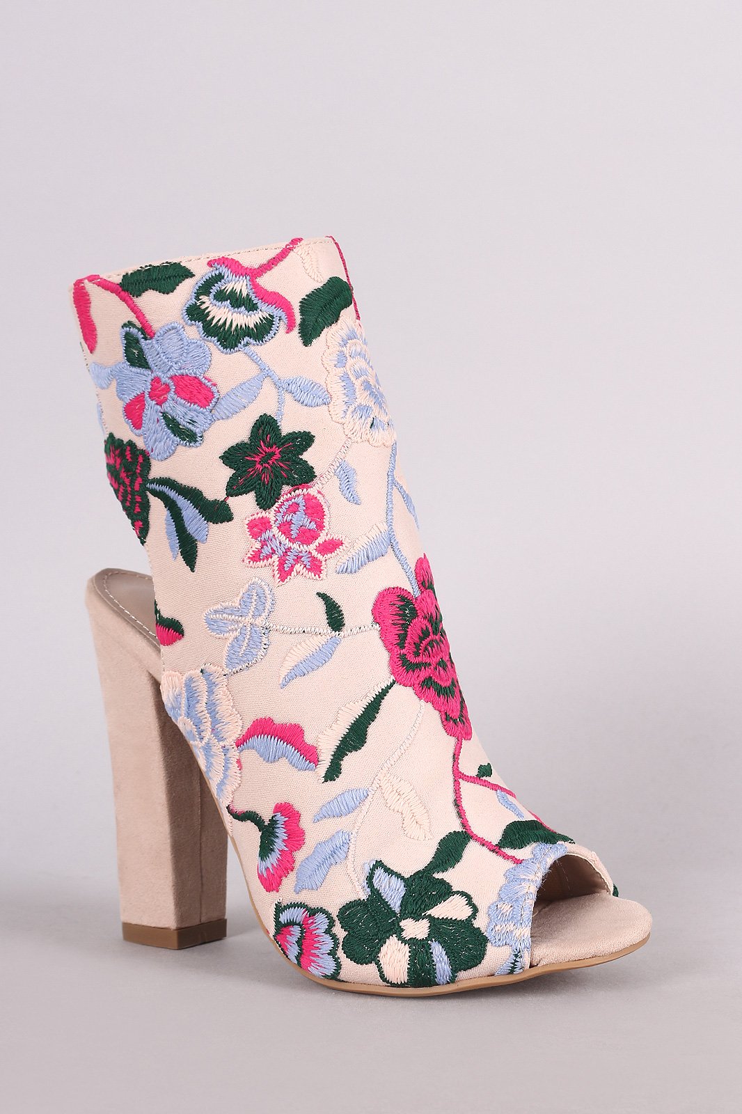 Shoe Republic LA Floral Embroidery Peep Toe Chunky Heeled Booties