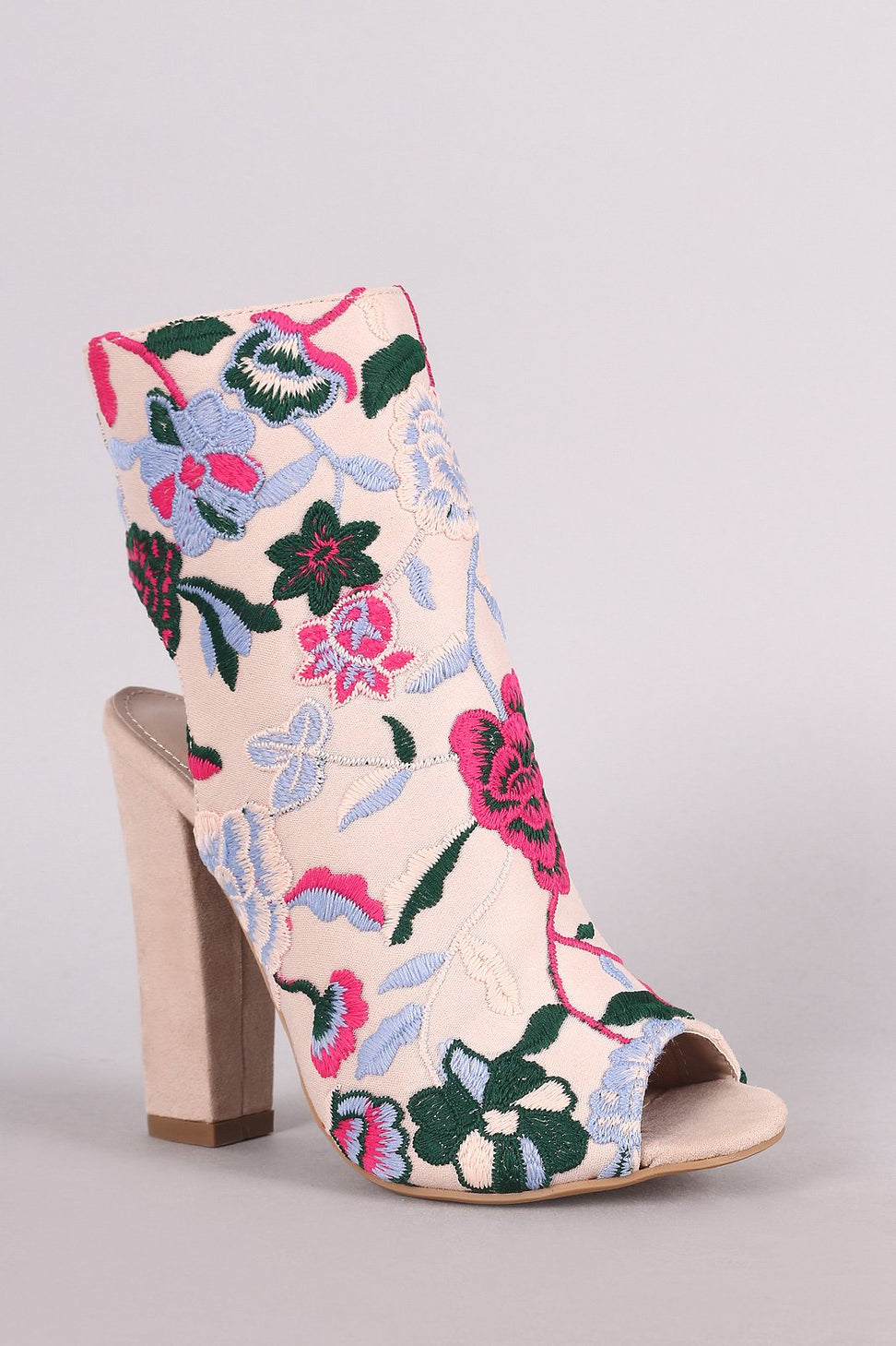Shoe Republic LA Floral Embroidery Peep Toe Chunky Heeled Booties