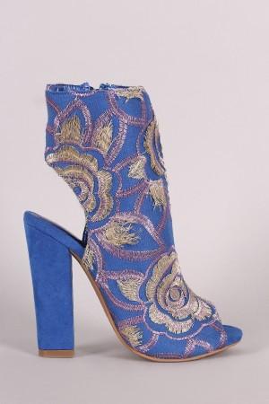 Shoe Republic LA Floral Embroidery Peep Toe Chunky Heeled Booties