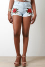 Floral Embroidery Drawstring Side Denim Shorts - NoveltyOne